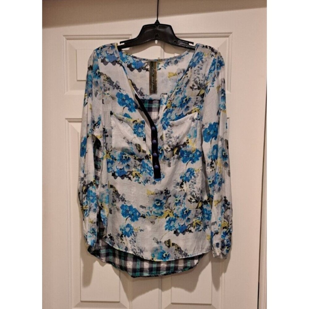 Aratta Silent Journey Blue Purple Floral Scarf Back Blouse Size M Velvet trim